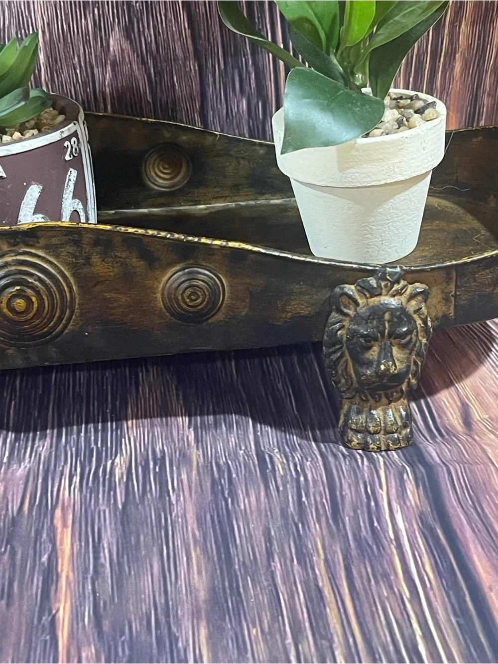 Gold Plated Steel Vtg Lion Footed Planter/decor with 3 artificial planters
